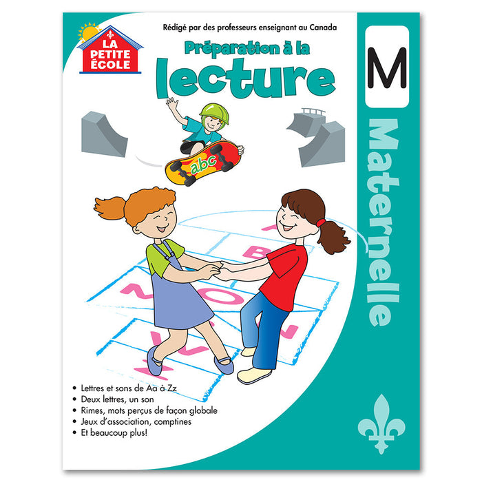 Préparation à la lecture en maternelle cover by La Petite École | Kindergarten Reading Readiness Workbook cover, full-colour early reading workbook for Pre-K and Kindergarten learners in Canada