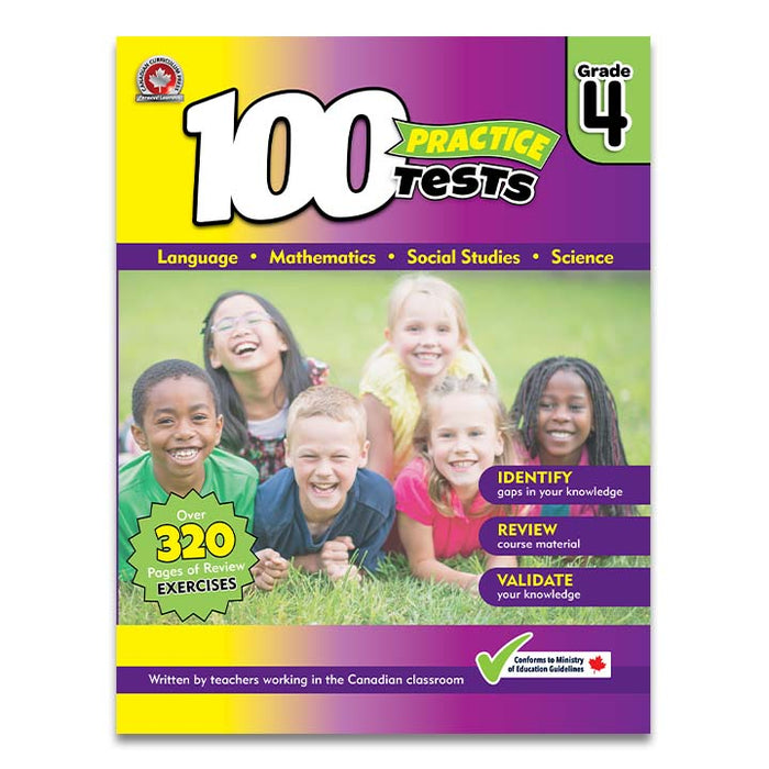 100 practice tests, grade four, covers, language, social studies, science 