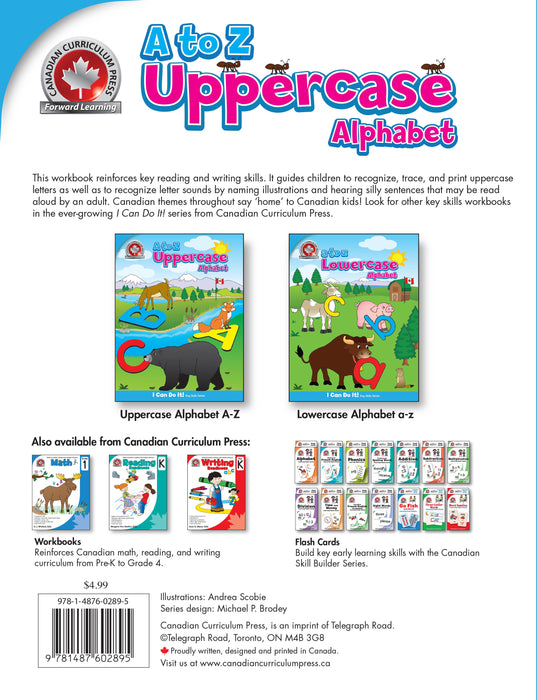 The Uppercase Alphabet workbook reinforces beginning alphabet skills in preparation for reading and writing. It guides children to recognize, trace, and print uppercase letters as well as to recognize letter sounds by naming illustrations and hearing silly sentences that may be read aloud by an adult. Canadian themes throughout say 'home' to Canadian kids!