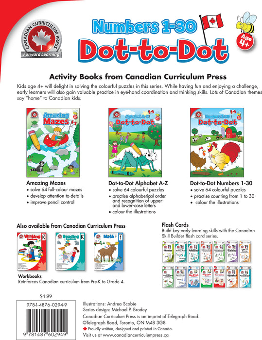 This Numbers 1-30 Dot-to-Dot activity book includes 64 colourful Canadian dot-to-dot puzzles. Children will enjoy practicing counting from 1 to 30 throughout the book, and will even get to colour in the illustrations when all of the dots are connected! This activity book is great for quiet time and complements Canadian Curriculum Press's educational workbooks.