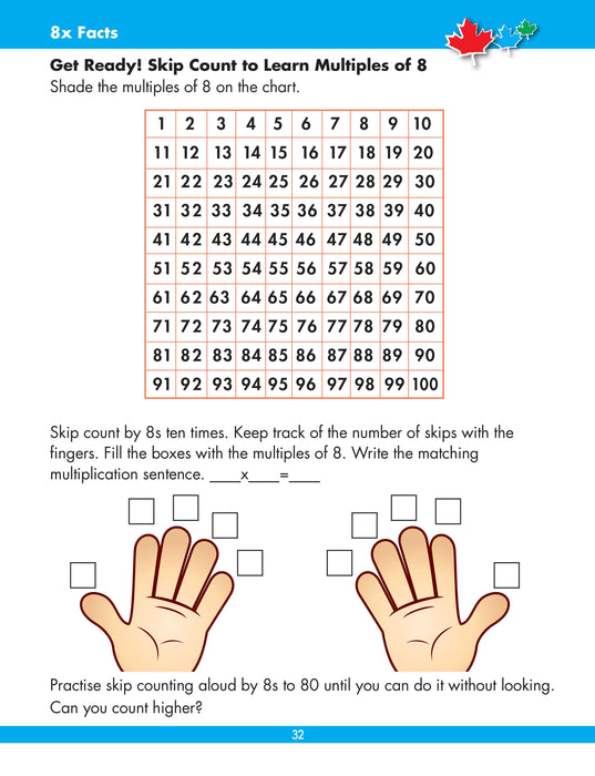 Learning multiplication facts takes practice. Encourage your child to spend a few minutes each day on this important skill. This workbook is an important tool for learning multiplication facts up to 10 x 10 using a variety of techniques: arrays, skip counting, repetition and recall, games, puzzles, and more!