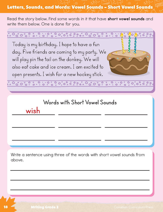 vowel sounds, inside page grade 2 writing workbook