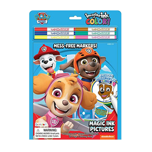 Paw Patrol coloring book with markers on a white background, front cover of imagine ink color, reveal makers  on the cover Skye, Zuma, Marshall and Chase