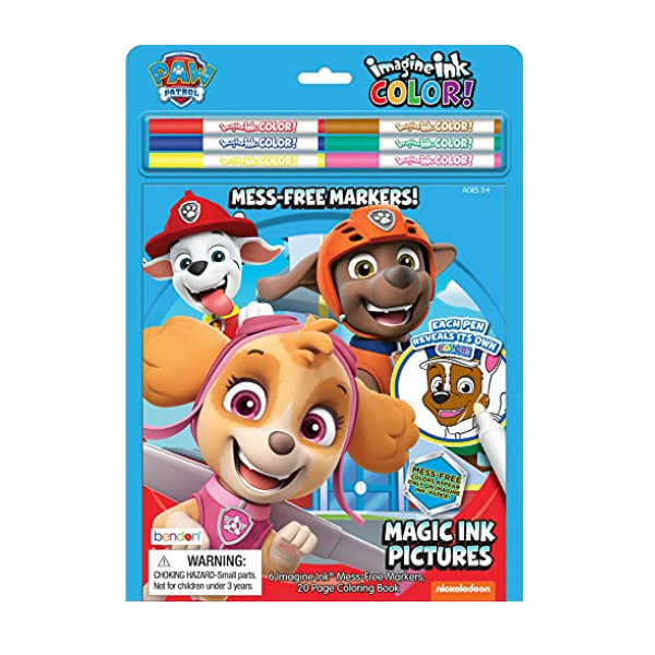 Paw Patrol coloring book with markers on a white background, front cover of imagine ink color, reveal makers  on the cover Skye, Zuma, Marshall and Chase