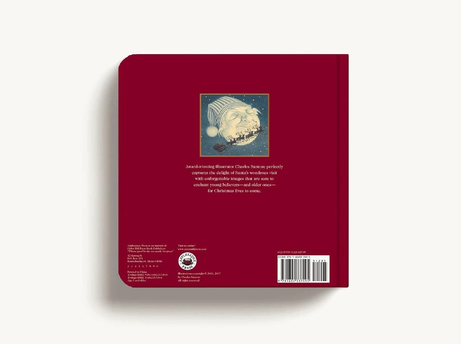 Back cover of The Night Before Christmas oversized board book with holiday-themed artwork, summary of the classic poem by Clement C. Moore, and gift-ready design.