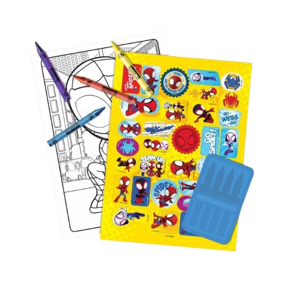 Spider-Man themed coloring book, crayons, and stickers on a white background