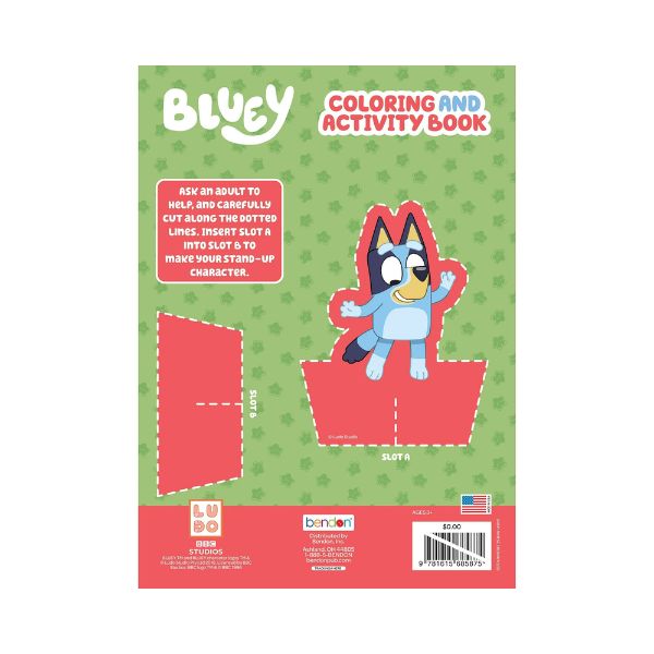 Back cover of Bendon Bluey Jumbo Coloring & Activity Book showing product details and Tear and Share pages for kids aged 3+