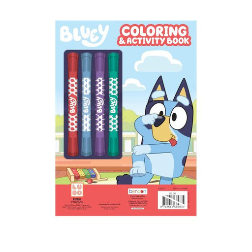 Back cover of Bendon Bluey Coloring Book showing product details, Tear and Share pages, and included stamper markers and stickers