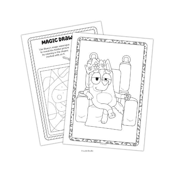 Creative play page from Bluey Coloring Book featuring stamping, coloring, and imaginative activities for kids ages 3+