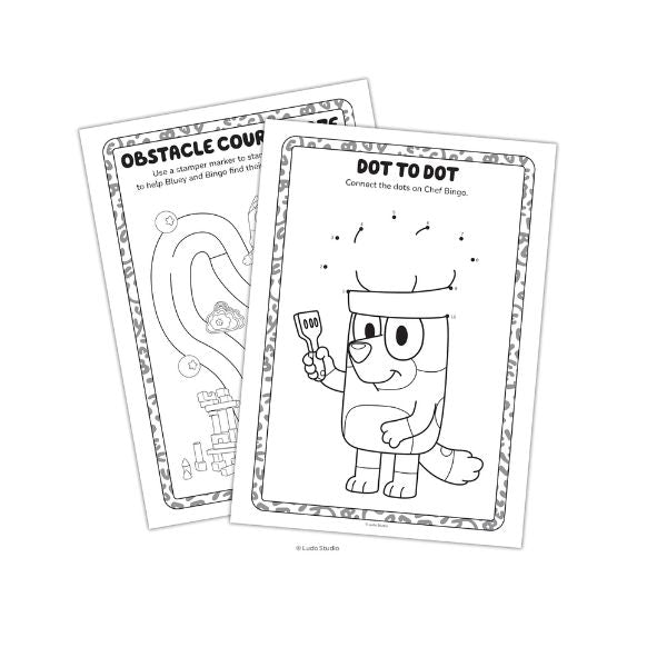 Interactive Bluey Coloring Book page with stickers, coloring, and activity games for preschool children