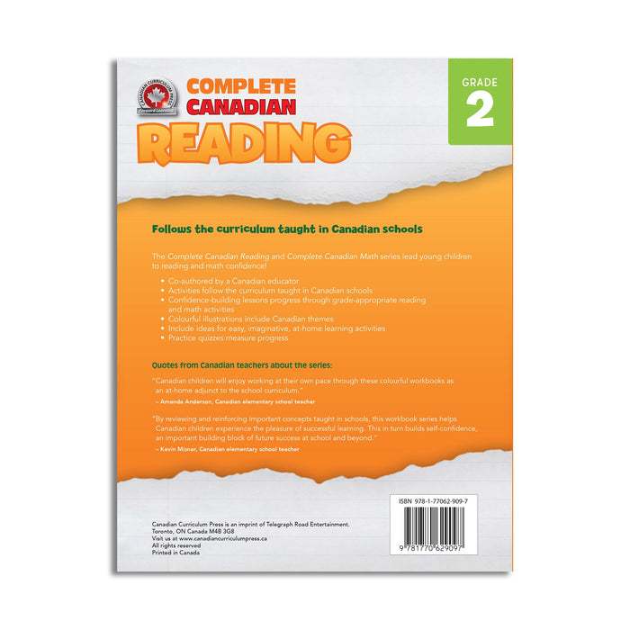 The Complete Canadian Reading Grade 2 workbook is a comprehensive resource designed to help children develop essential language, vocabulary, and grammar skills. Aligned with the Canadian school curriculum, the workbook is filled with engaging, hands-on lessons and activities to make learning fun and exciting for young readers. The cover features a colourful and playful design, with images of children reading, writing, and engaging in educational activities.