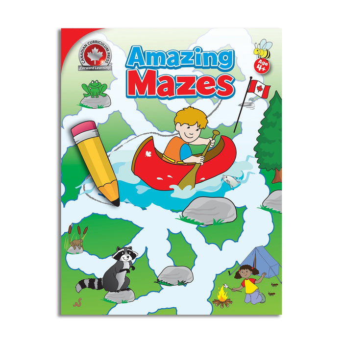 Amazing Mazes Workbook for Kids with Canadian-themed puzzles, 64 pages, helps develop focus and problem-solving skills