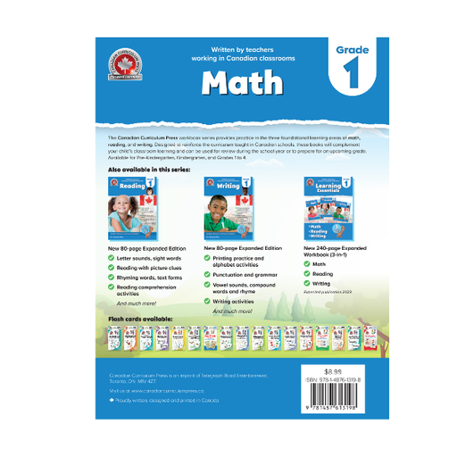 Back cover of a math workbook for Grade 1 with Canadian Curriculum Press branding.