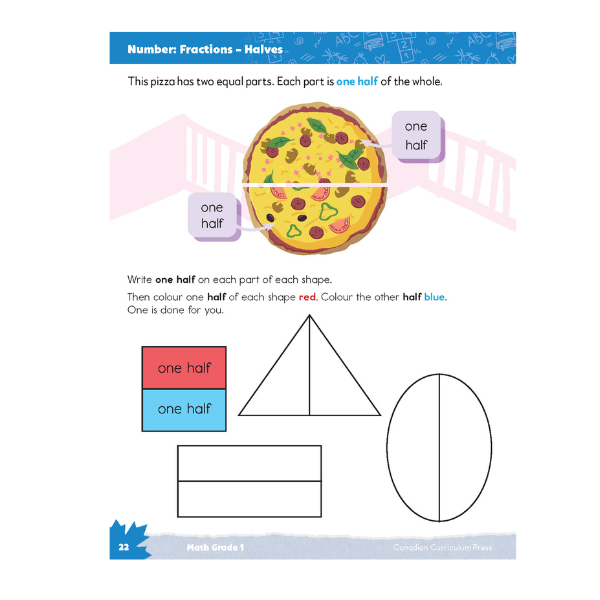 Educational worksheet on fractions with a pizza and shapes to color
