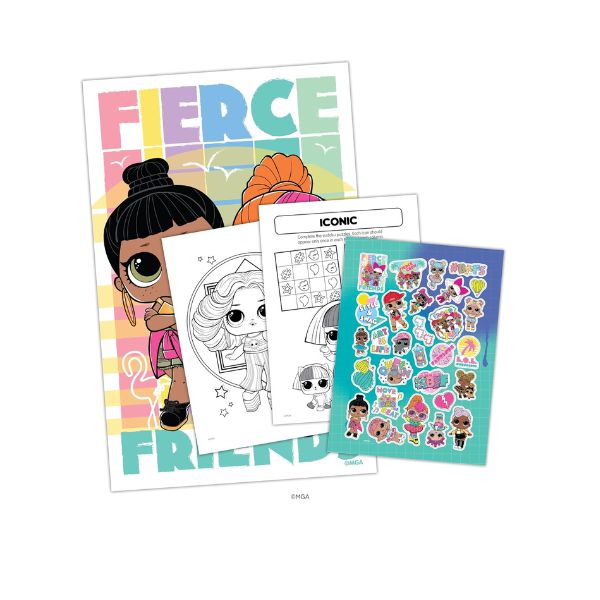 Coloring book, stickers, and activity sheets with character illustrations on a white background