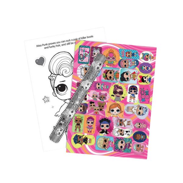 Inside pages of L.O.L. Surprise! activity book with colouring pages and stickers