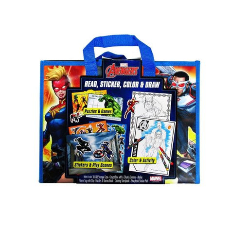 Marvel Avengers activity set with coloring book, stickers, and play scene in a blue bag