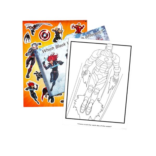 Coloring book with superhero stickers and a coloring page of Iron Man.