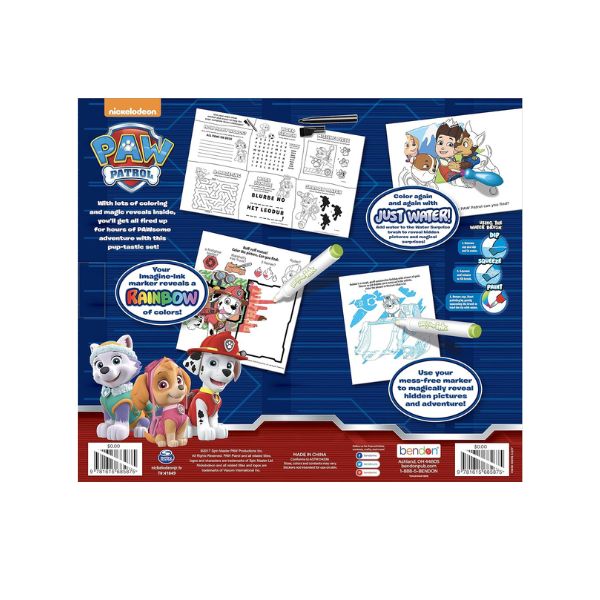PAW Patrol activity book with markers on a blue and red background