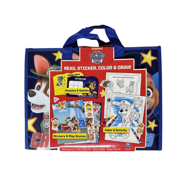 Back cover of PAW Patrol Tri-Fold Activity Portfolio showing included activities and fold-out case design