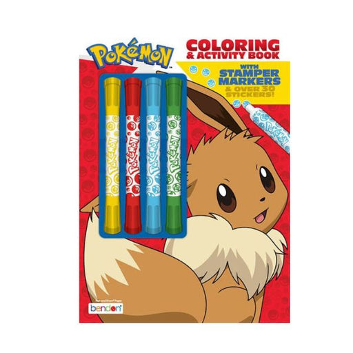 Pokémon coloring book with markers and stampers on a red background