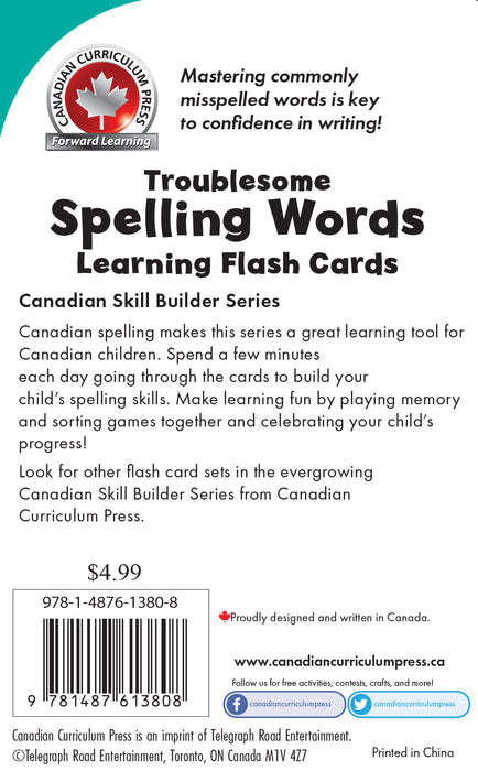 Back of Troublesome Spelling Words Flashcards showcasing learning objectives and key features for improving spelling skills through practice and games.