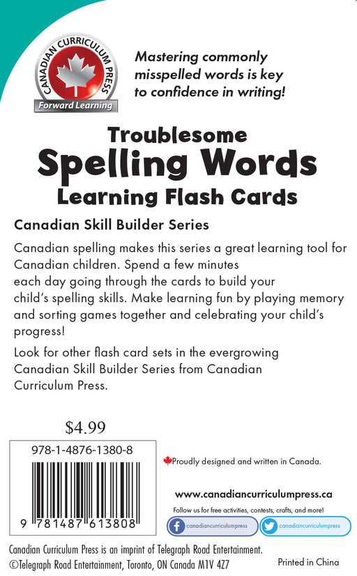 Back of Troublesome Spelling Words Flashcards showcasing learning objectives and key features for improving spelling skills through practice and games.