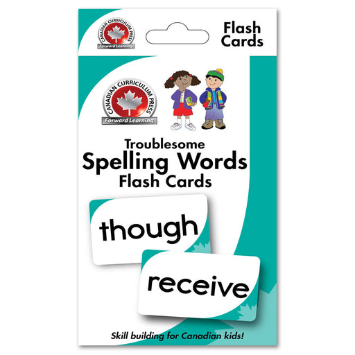 Front cover of Troublesome Spelling Words Flashcards from Canadian Curriculum Press, designed to help children master difficult spelling words.