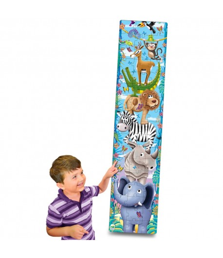 Kids will “swing” their way through learning about sizes with this fun Big to Small Animals puzzle. Measuring 5 feet tall, this colorful jungle scene features big to small colorful animals. With 51 pieces this jumbo puzzle will keep your little ones engaged for hours. Ages 3+ years.