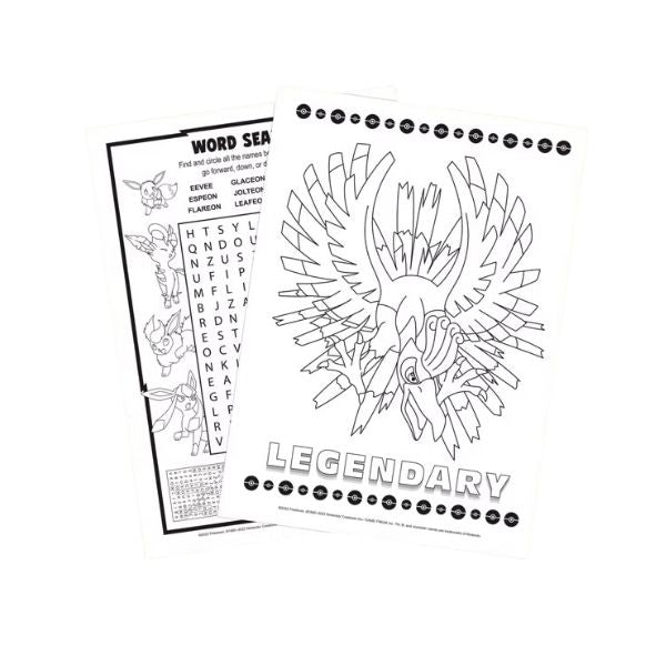 Coloring book page with a phoenix design and word search on a white background