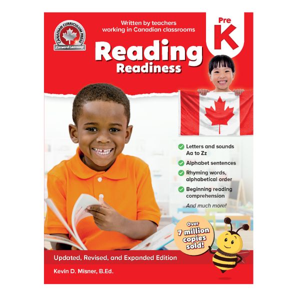 Pre-Kindergarten Reading Readiness Workbook Expanded Edition cover showing a child with a Canadian flag.