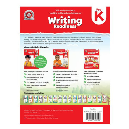 Back cover of Pre-K Writing Workbook showing school readiness series and 7 million copies sold badge.