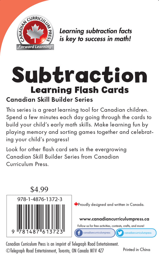 Subtraction Flashcards – Back Cover – Includes interactive math learning activities for kids