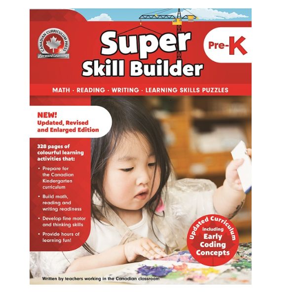 Book titled 'Super Skill Builder Pre-K' with a child on the cover, featuring educational activities.