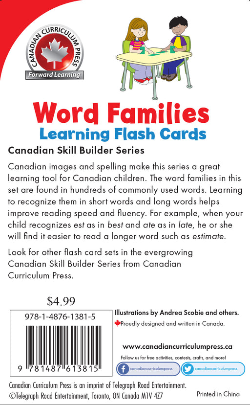 Back of Word Families Flashcards – Includes sample flashcards showcasing word families, word recognition exercises, and answer keys for easy learning.
