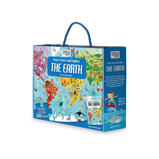 Travel the world with this oval 205-piece floor puzzle and a 32-page book to learn all about the most interesting things on our beautiful planet!  Take an exciting trip through two hemispheres. Check out how deep the oceans are and get a close-up look at the world’s largest and most ferocious animals. Learn about our most interesting and impressive buildings. Read all kinds of facts in the book, then test your memory by assembling a 205-piece floor puzzle!