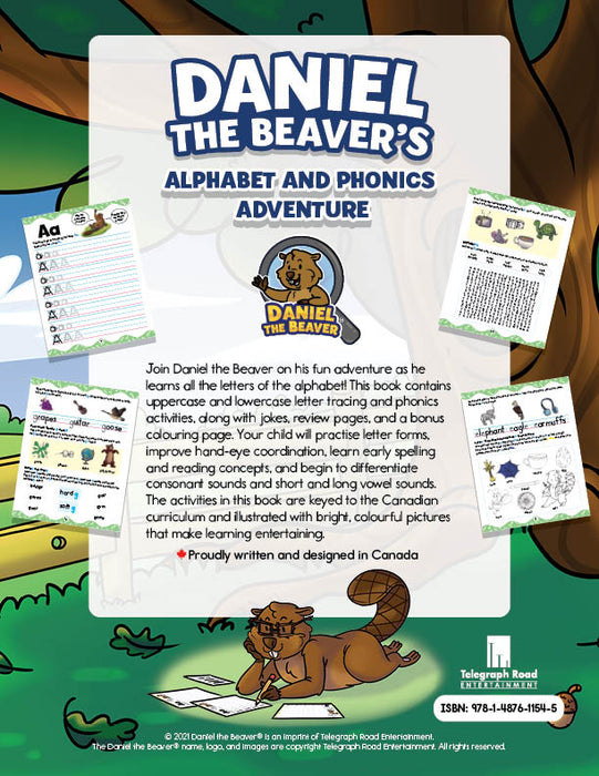 Join Daniel the Beaver, as he travels through the alphabet, learn long and short vowel sounds, learn consonant sounds and digraphs, and complete practise questions keyed to the Canadian curriculum.  This downloadable and printable eBook will help kids practise letter writing, and practise simple words and letter sounds.