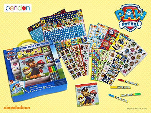 Take-along sticker box featuring over 1000 stickers An interactive pad includes full color scenes for sticker play and border pages for creating unique artwork Includes 4 colorful markers Includes holographic stickers, foil stickers and more Officially licensed product. PAW Patrol Sticker Box