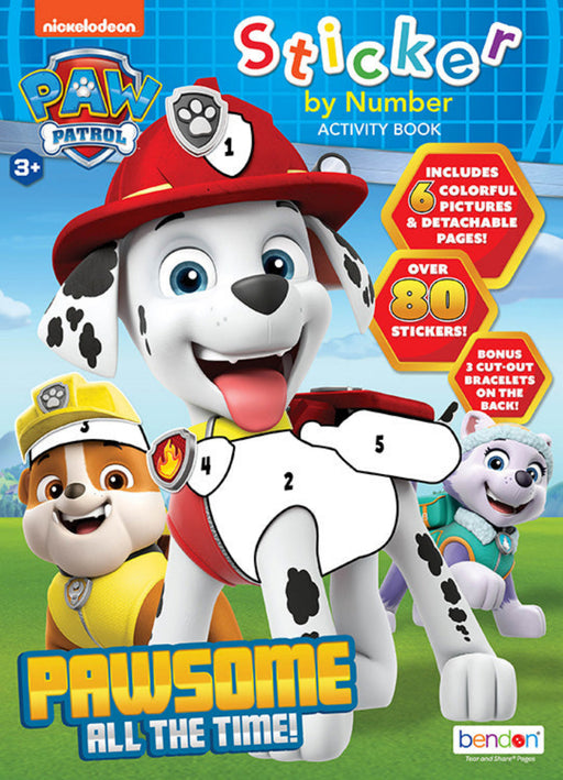 PAW Patrol Sticker by Number Activity Book with 12 full-color pages, sticker sheet, and fun activities for young artists to develop number recognition and creativity.