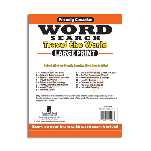 Stay sharp! Get a fun mental workout with 96 pages of word search puzzles organized by theme.  Look for more Proudly Canadian Word Search titles on other entertaining themes.  Puzzle solutions are provided at the back of the book. We welcome your comments and suggestions. Enjoy!  Exercise your brain with word search trivia!  🍁Proudly written and designed in Canada.