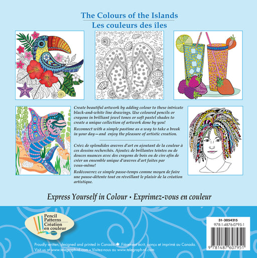 Back cover of The Colours of the Islands Adult Colouring Book showcasing product details and design elements.