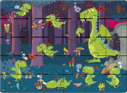 Completed 30-piece Sassi Junior dragon puzzle with colorful artwork