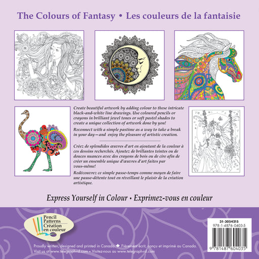 Back cover of The Colours of Fantasy Adult Colouring Book, showcasing the final design and additional details about the book.