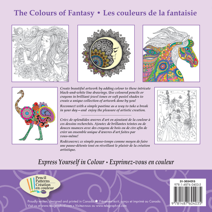 Back cover of The Colours of Fantasy Adult Colouring Book, showcasing the final design and additional details about the book.